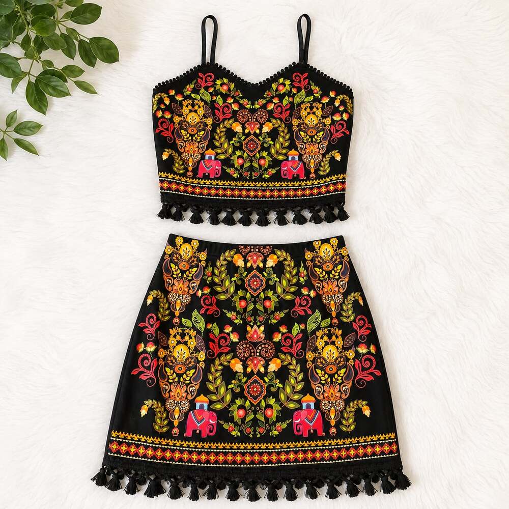 SHEIN Folk Art Print Cami Crop Top and Mini Skirt Set